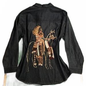 Vintage Blue Denim Button-up Blouse w/ Native American Embroidery Large